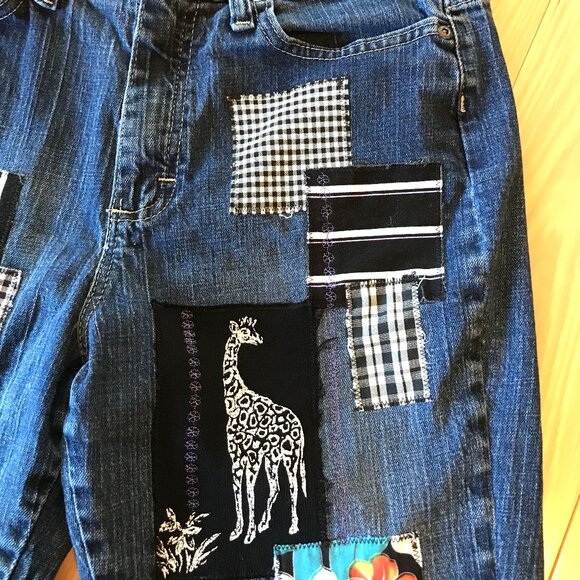 Boho Hippie Patch Jeans, Size 8 Long: Upcycled, Tropical Patchwork, Giraffes - Picture 12 of 16